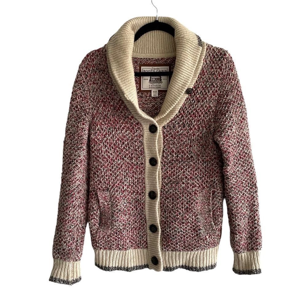 ROOTS Canada Cabin Wool Button Front Shawl Collar Cardigan Sweater Red Cream XS